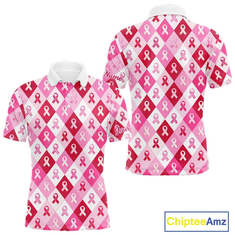 Pink Plaid Mens Golf Polo Shirt Custom Pink Ribbon Breast Cancer Awareness Team Golf Tops, Golf Gifts NHN0165