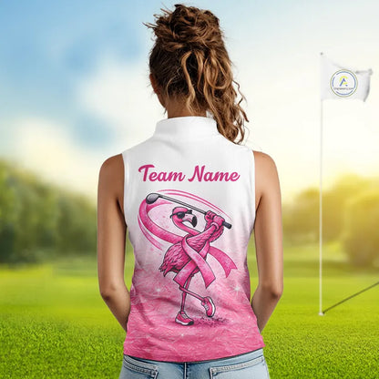 Pink Breast Cancer Golf Shirt, Funny Flamingo Womens Sleeveless Golf Polo Shirt Custom Name Golf Gifts NHN0167
