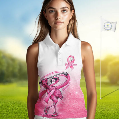 Pink Breast Cancer Golf Shirt, Funny Flamingo Womens Sleeveless Golf Polo Shirt Custom Name Golf Gifts NHN0167