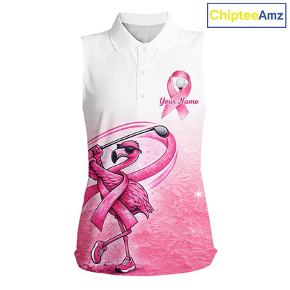 Pink Breast Cancer Golf Shirt, Funny Flamingo Womens Sleeveless Golf Polo Shirt Custom Name Golf Gifts NHN0167