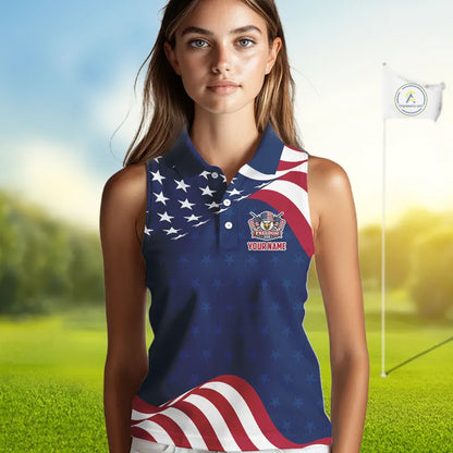 Funny Womens Sleeveless Golf Polo Shirt Custom Name American Flag Polo Shirt, Patriotic Gift NHN0173