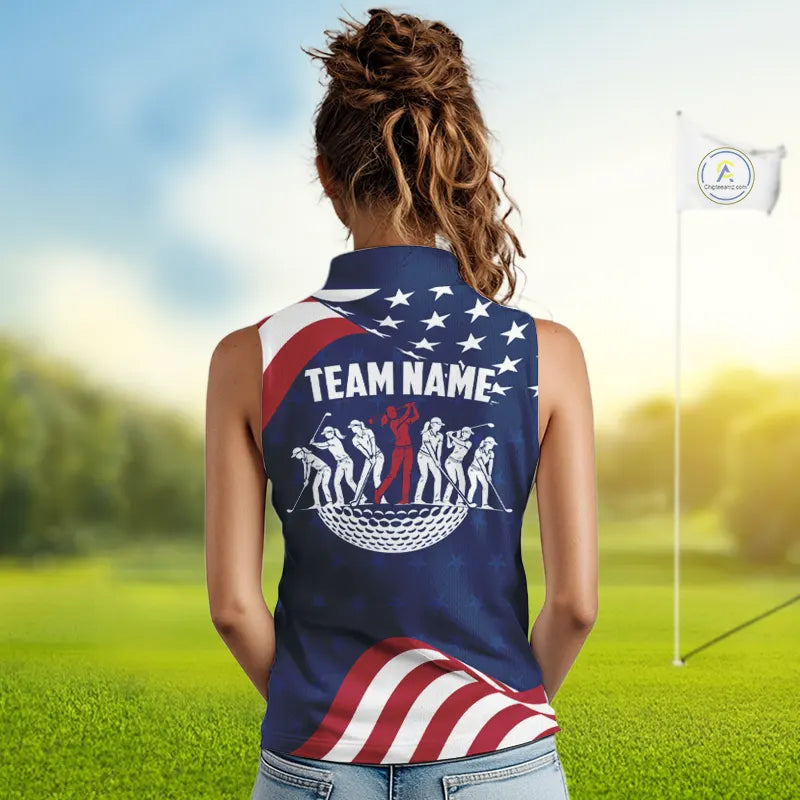 Funny Womens Sleeveless Golf Polo Shirt Custom Name American Flag Polo Shirt, Patriotic Gift NHN0173