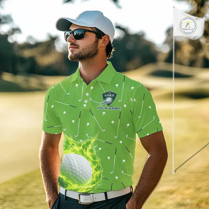 Mens Golf Polo Shirt Custom Green And White Golf Ball Flame Team Golf Shirts, Golf Tops For Men NHN0179