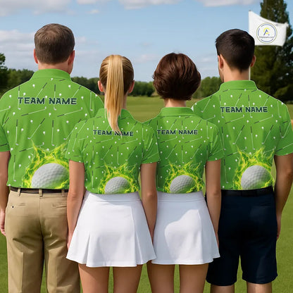 Mens Golf Polo Shirt Custom Green And White Golf Ball Flame Team Golf Shirts, Golf Tops For Men NHN0179