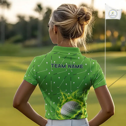 Womens Golf Polo Shirt Custom Green And White Golf Ball Flame Team Golf Shirts, Ladies Golf Top NHN0179