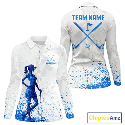 Blue And White Womens Long Sleeve Golf Polo Shirt Custom White Golf Clubs Golf Shirts For Ladies NHN0101