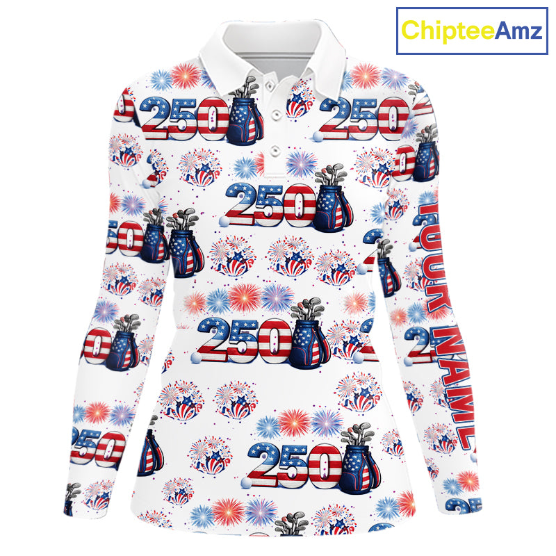 America 250th Anniversary Womens Long Sleeve Golf Polo Shirt, Patriotic USA Golf Shirt, Golf Gift NHN0233