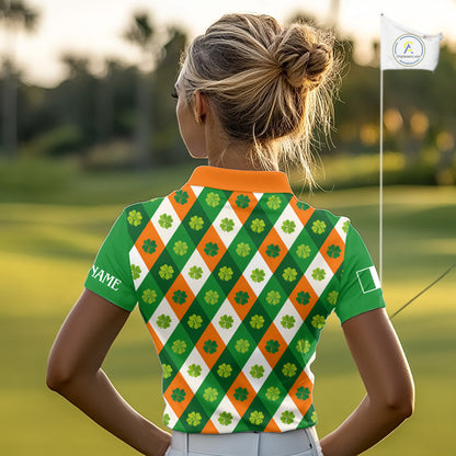 Argyle Womens Golf Polo Shirts Custom Ireland Flag St Patricks Day Green Clovers Plaid Golf Tops NHN0141