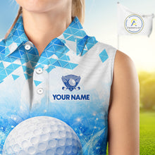 Load image into Gallery viewer, Blue Womens Sleeveless Golf Polo Shirt Custom Water Splash Pattern With Golf Ball Team Golf Top NHN0219