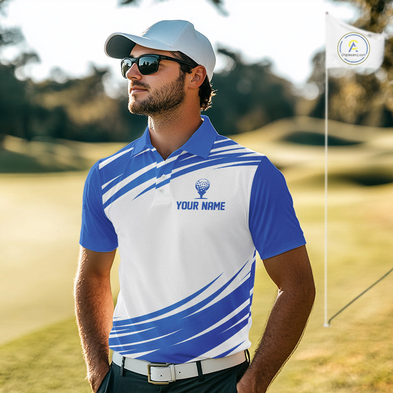 Blue And White Mens Golf Polo Shirt Custom Name Golf Shirts For Team Personalized Golf Gifts NHN0094