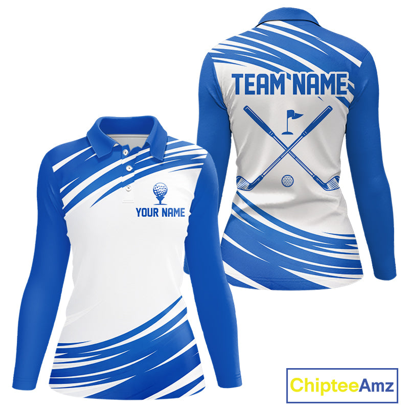 Blue And White Womens Long Sleeve Golf Polo Shirt Custom Golf Shirts For Team Personalized Golf Gifts NHN0094