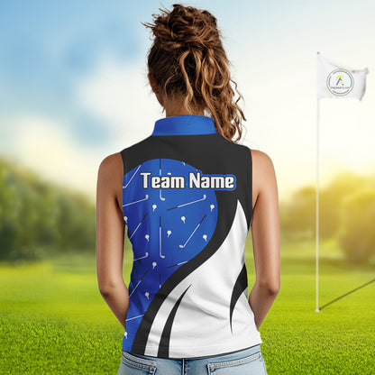 Blue And White Womens Sleeveless Golf Polo Shirt Custom Black Golf Shirts For Ladies, Golf Gifts NHN0109