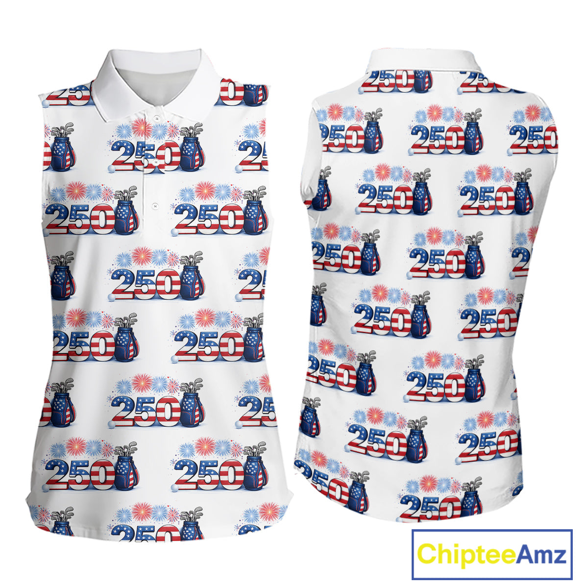 USA 250th Anniversary Womens Sleeveless Golf Polo Shirt Custom Golf Pattern Patriotic Golf Tops NHN0234