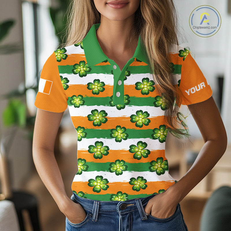 Womens Golf Polos Shirts Custom Green Clover St Patricks Day Pattern Ireland Flag Golf Shirt For Ladies NHN0138