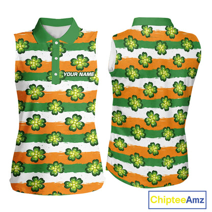 Womens Sleeveless Golf Polo Shirt Custom Green Clover St Patricks Day Pattern Ireland Flag Golf Shirt NHN0138