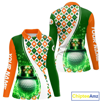 Womens Long Sleeve Golf Polo Shirt Custom Green Clover St Patricks Day Plaid Pattern Ireland Flag NHN0142
