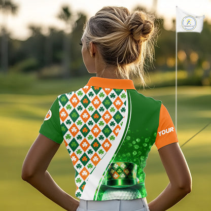 Womens Golf Polos Shirt Custom Green Clover St Patricks Day Plaid Pattern Ireland Flag Flame Golf Ball NHN0142