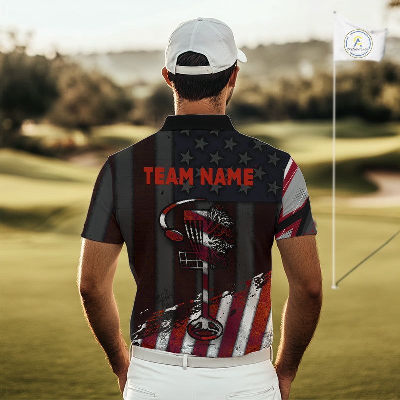Mens Disc Golf Polo Shirt Custom Name Vintage American Flag Disc Golf Basket Patriotic Golf Shirts  NHN0029
