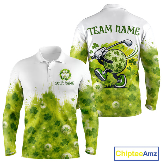 Long Sleeve Golf Polo Shirt Custom Gofl Ball Green Clover St Patricks Day Plaid Pattern Golf Tops NHN0161