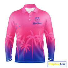 Load image into Gallery viewer, Long Sleeve Golf Polo Shirt Custom Pink Blue Palm Pattern Team Mens Golf Tops, Summer Golf Gifts NHN0172