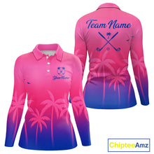 Load image into Gallery viewer, Womens Long Sleeve Golf Polo Shirt Custom Pink Blue Palm Pattern Team Ladies Golf Tops, Golf Gifts NHN0172