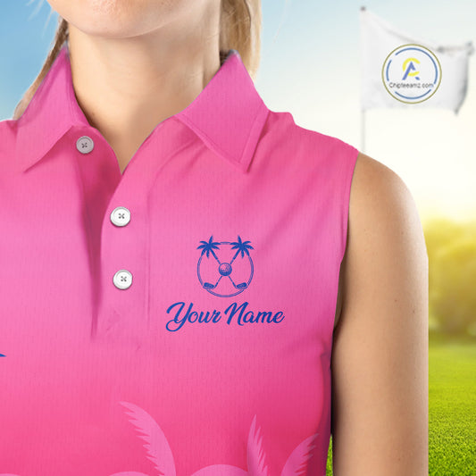 Womens Sleeveless Golf Polo Shirt Custom Pink Blue Palm Pattern Team Ladies Golf Tops, Golf Gifts NHN0172