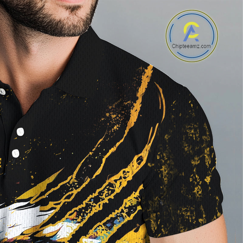 Mens Golf Polo Shirt Custom Yellow And Black Grunge Ripped Eagle Grasping Golf Ball Golf Apparel NHN0057