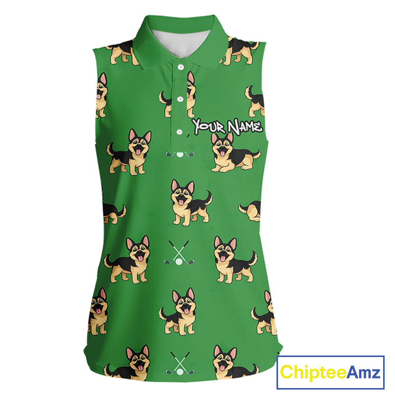 Funny German Shepherd Womens Sleeveless Golf Polo Shirt Custom Green Team Golf Tops, Dog Lover Gift NHN0213