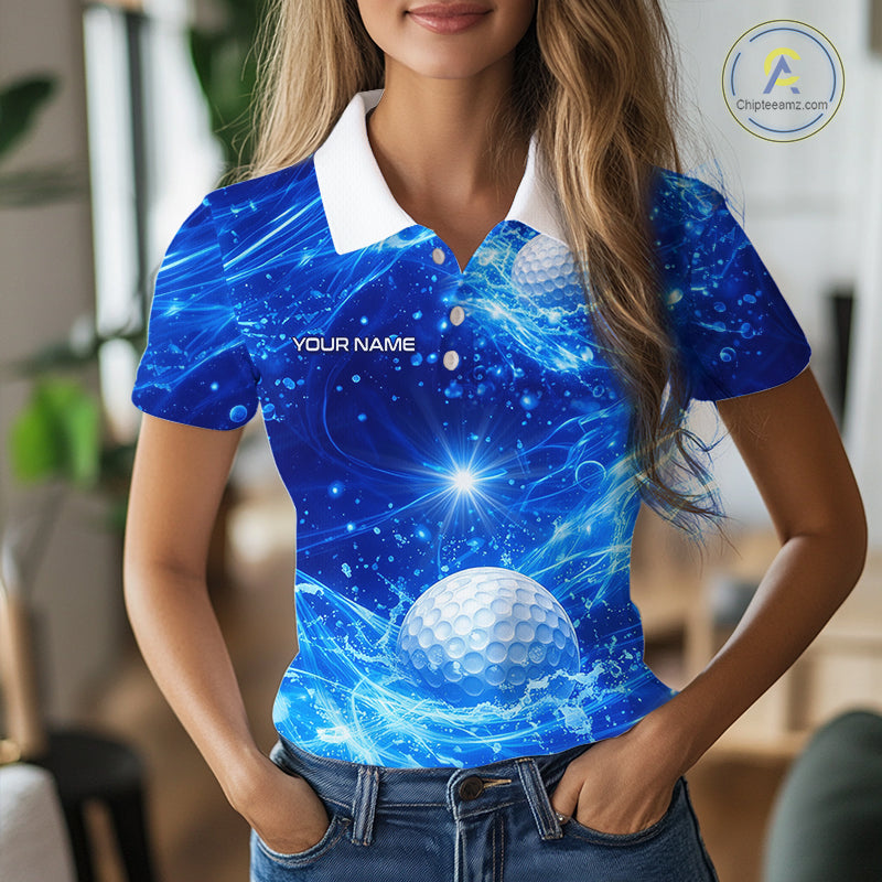 Personalized Womens Golf Polo Shirt Blue Water Splash Golf Ball Custom Name Golf Tops For Team NHN0221