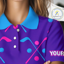 Load image into Gallery viewer, Womens Golf Polo Shirts Blue Purple Pink Custom Golf Balls And Golf Clubs Pattern, Team Golf Shirt NHN0105