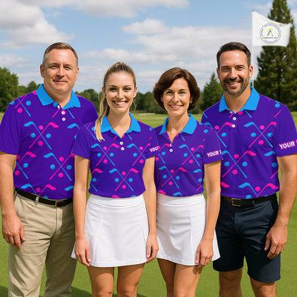Womens Golf Polo Shirts Blue Purple Pink Custom Golf Balls And Golf Clubs Pattern, Team Golf Shirt NHN0105