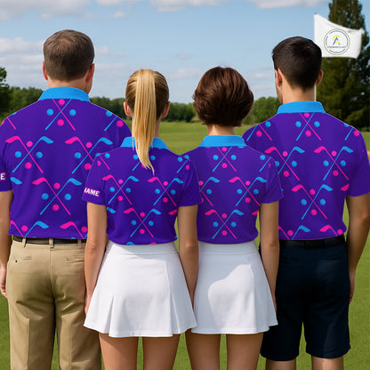 Womens Golf Polo Shirts Blue Purple Pink Custom Golf Balls And Golf Clubs Pattern, Team Golf Shirt NHN0105