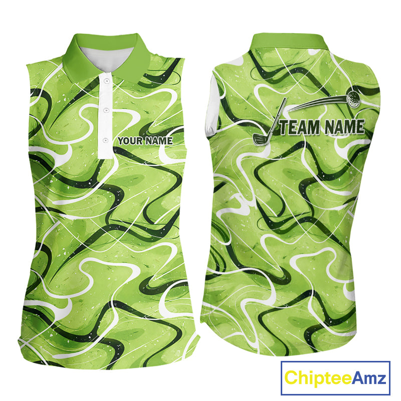 Green And White Womens Sleeveless Golf Polo Shirt Custom Green Camo Golf Tops, Personalized Golf Gifts NHN0111