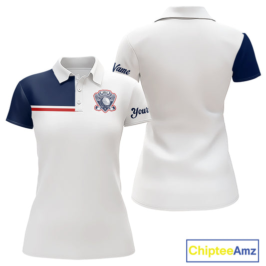 Blue And White Golf Polo Shirt, Custom Name Womens Golf Polo Shirts, Personalized Golf Gifts NHN0117