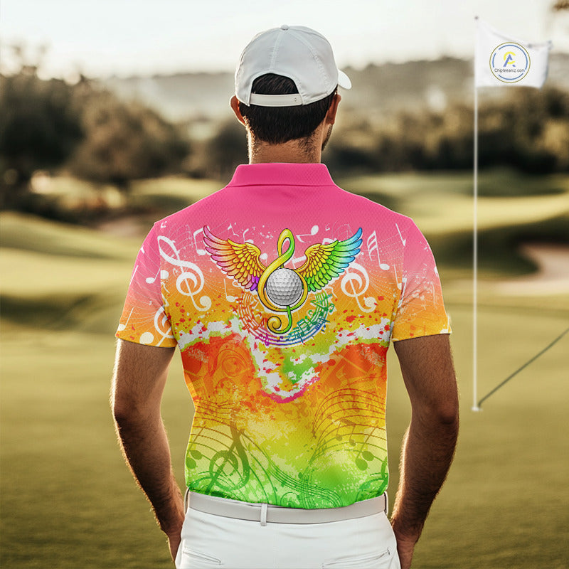 Mens Golf Polo Shirt Colorful Music Angel Wing Golf Ball Custom Golf Top For Team, Golfer Gift NHN0130