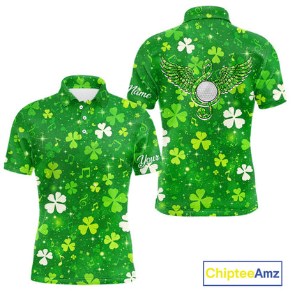 Mens Golf Polo Shirt Custom Green Music Angel Wing Golf Ball St Patricks Day Golf Shirts, Golf Gifts NHN0132