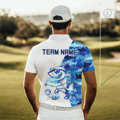 Custom Mens Golf Polo Shirt Funny Blue And White Shark Pattern Golf Shirts For Men NHN0002