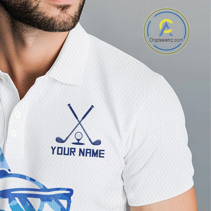Custom Mens Golf Polo Shirt Funny Blue And White Shark Pattern Golf Shirts For Men NHN0002