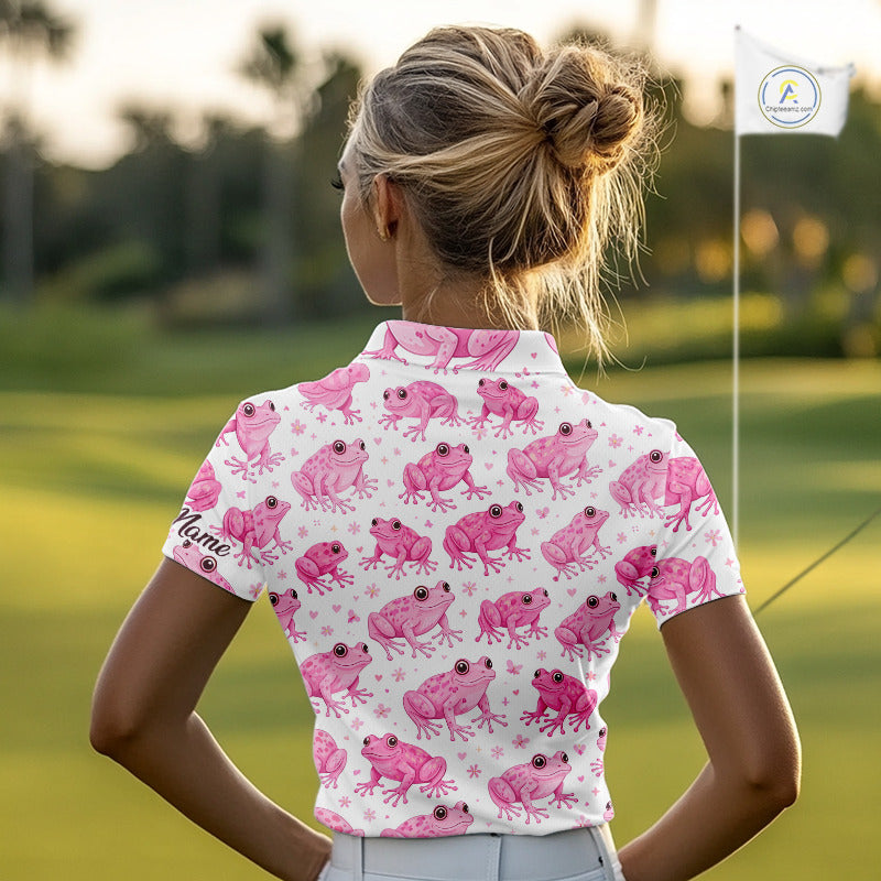 Funny Pink Frog Pattern Womens Golf Polo Shirts Custom Golf Attire For Ladies Personalized Golfer Gift NHN0134