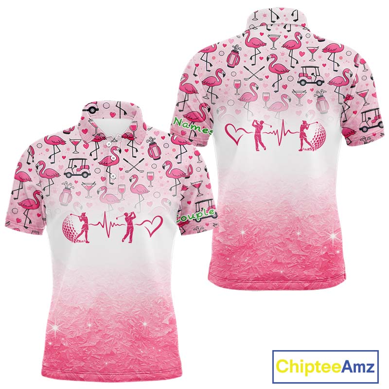 Pink Flamingo Heart Theme Matching Golf Polos For Couple Custom Couple Valentines Outfit NHN0145