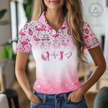 Pink Flamingo Heart Theme Matching Golf Polo Shirt For Couple Custom Couple Valentines Outfit NHN0145