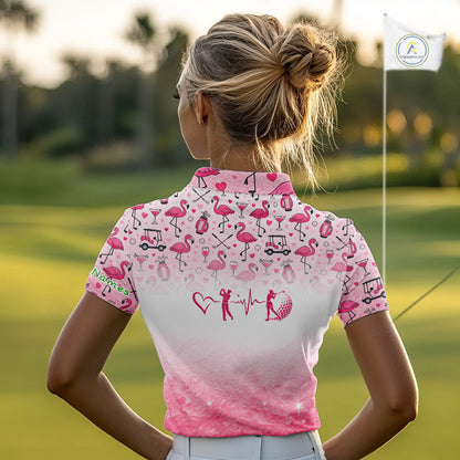 Pink Flamingo Heart Theme Matching Golf Polo Shirt For Couple Custom Couple Valentines Outfit NHN0145