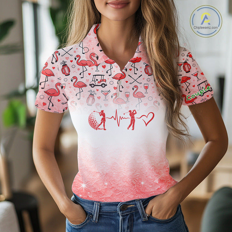 Red Flamingo Heart Theme Matching Golf Polo Shirt For Couple Custom Couple Valentines Outfit NHN0145