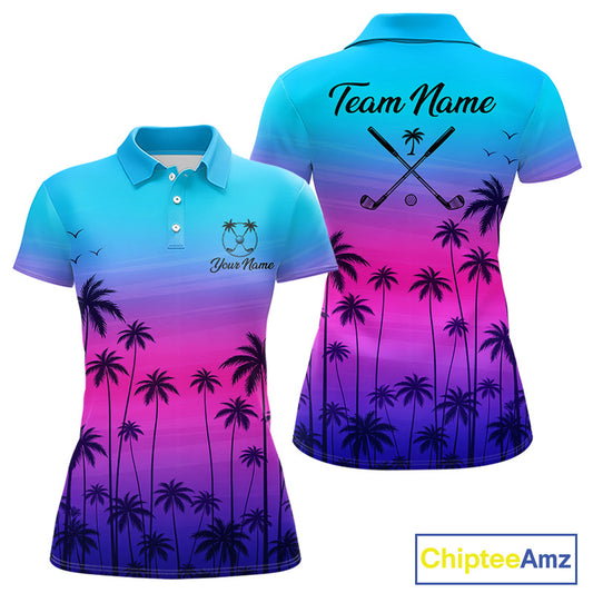 Pink Blue Neon Palm Pattern Womens Golf Polo Shirt Custom Golf Ball Blue Golf Tops, Golfer Gifts NHN0157