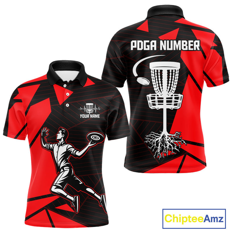 Mens Disc Golf Polo Shirt Custom Name Black And Red Disc Golf Basket Golf Shirts Personalized  NHN0030