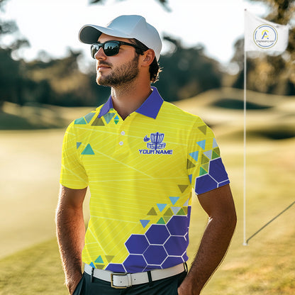 Blue And Yellow Hexagon Pattern Mens Disc Golf Polo Shirts Custom Team Disc Golf Jerseys NHN0031