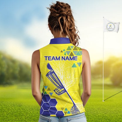 Blue And Yellow Hexagon Pattern Womens Disc Golf Polo Shirts Custom Team Disc Golf Jerseys NHN0031