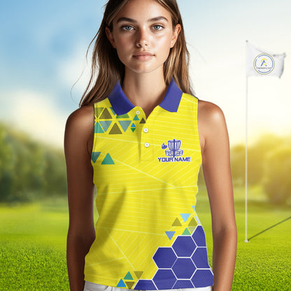 Blue And Yellow Hexagon Pattern Womens Disc Golf Polo Shirts Custom Team Disc Golf Jerseys NHN0031