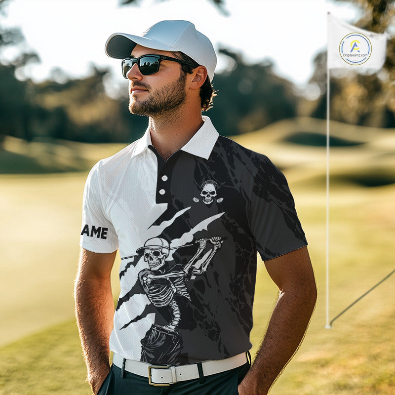 Funny Skull Golf Polo Shirts Black And White Golf Clubs Camo Pattern Custom Skull Playing Golf Apparel NHN0047