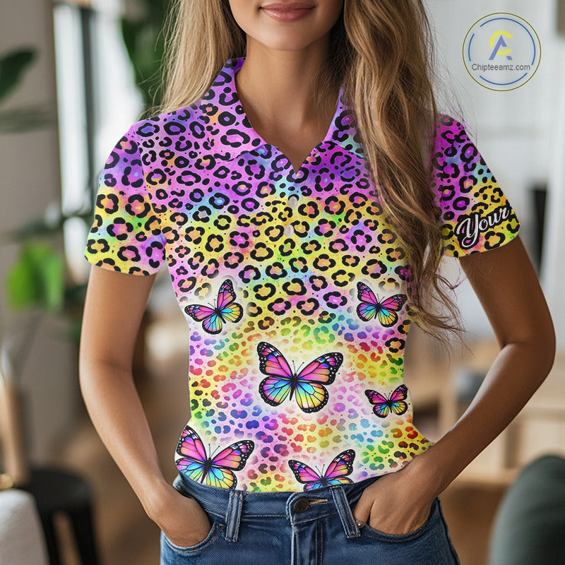 Womens Golf Polo Shirt Colorful Rainbow Leopard Print Custom Butterfly Team Ladies Golf Tops NHN0180